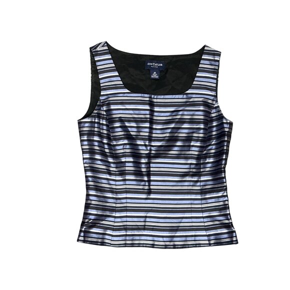 Ann Taylor Petites 2P Navy Blue Striped Silk Sleeveless Blouse Vintage Evening - Picture 13 of 14